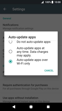 To turn on automatic update of apps using mobile network, press Auto-update apps at any time. Data charges may apply..