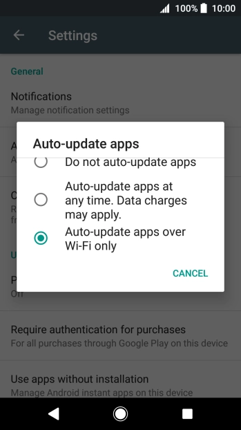 To turn on automatic update of apps using mobile network, press Auto-update apps at any time. Data charges may apply..