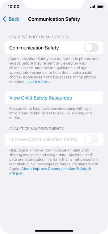 Press the indicator next to 'Communication Safety' to turn the function on or off.