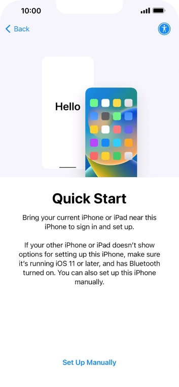 Follow the instructions on the screen to transfer content from another device running iOS 11 or later or press Set Up Manually. Follow the instructions on the screen to transfer content from another device running iOS 11 or later or press Set Up Manually.
