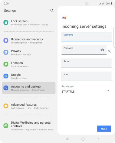 Press the field below 'Server' and key in the name of your email provider's incoming server.