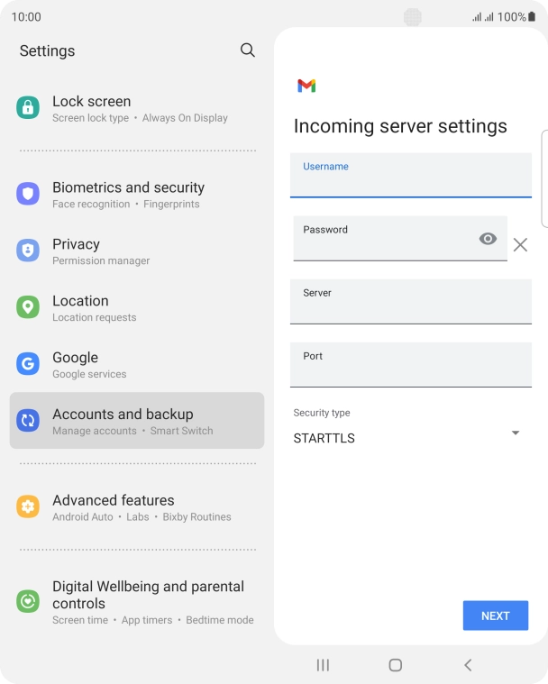 Press the field below 'Server' and key in the name of your email provider's incoming server. Press the field below 'Server' and key in the name of your email provider's incoming server.