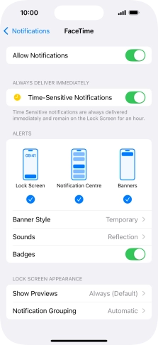 Press the indicator next to 'Allow Notifications' to turn notifications for the selected application on or off.