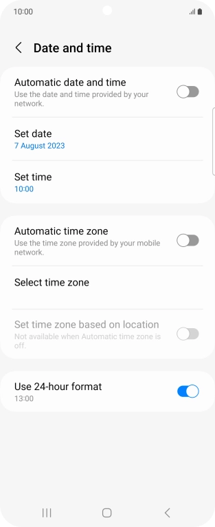 Press the indicator next to 'Automatic date and time' to turn on the function.