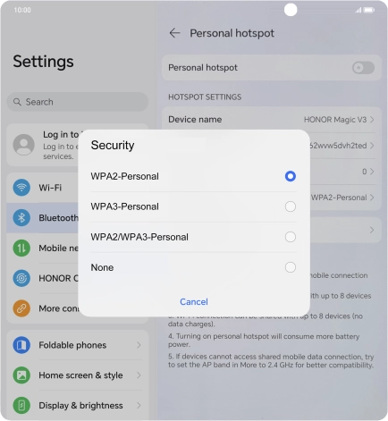 Press WPA3-Personal to password protect your WiFi hotspot.