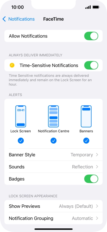 Press the indicator next to 'Allow Notifications' to turn notifications for the selected application on or off. Press the indicator next to 'Allow Notifications' to turn notifications for the selected application on or off.