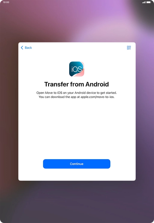 To transfer content to your tablet, you need to install the app 'Move to iOS' on the Android device. When the app is installed, press Continue.