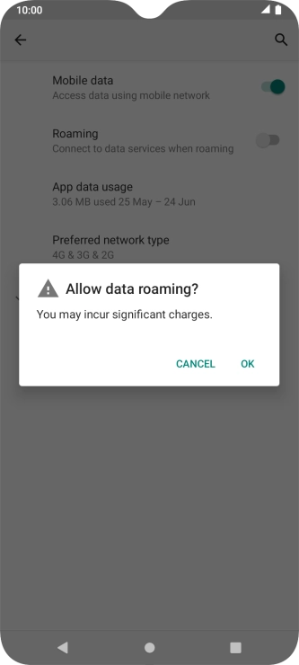 If you turn on data roaming, press OK. If you turn on data roaming, press OK.