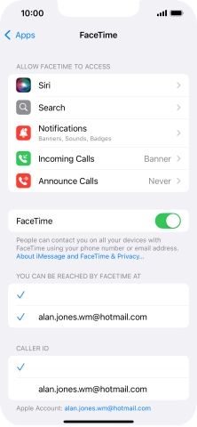 Press the indicator next to 'FaceTime' to turn the function on or off.