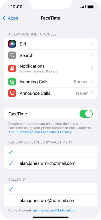 Press the indicator next to 'FaceTime' to turn the function on or off. Press the indicator next to 'FaceTime' to turn the function on or off.