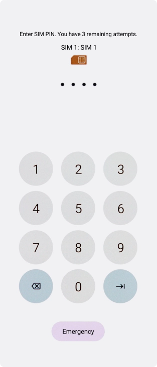 Key in your SIM PIN and press arrow right. The default SIM PIN is 0000.