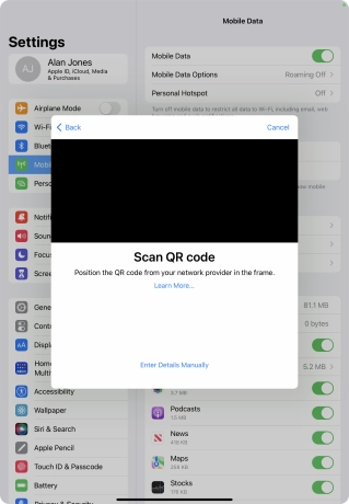 Place the QR code you've received inside the tablet camera frame to scan the code.