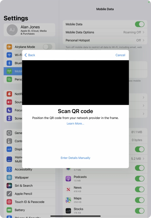 Place the QR code you've received inside the tablet camera frame to scan the code.