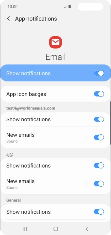 Press the indicator next to 'Show notifications' below the required email account to turn the function on or off.