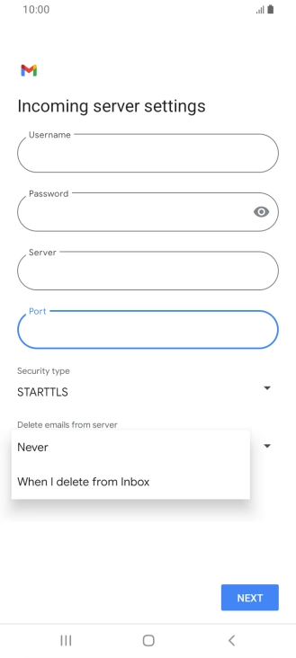 Press Never to keep emails on the server when you delete them on your phone. Press Never to keep emails on the server when you delete them on your phone.