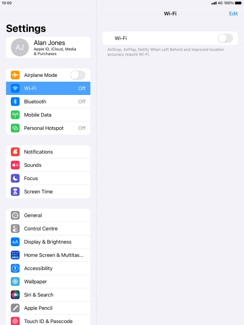 Press the indicator next to 'Wi-Fi' to turn on the function.