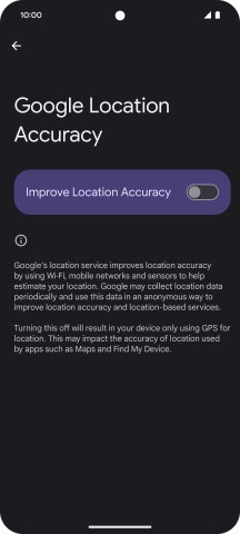 If you press the indicator next to 'Improve Location Accuracy' to turn on the function, your phone can find your exact position using the GPS satellites, the mobile network and nearby WiFi networks. Satellite-based GPS requires a clear view of the sky.