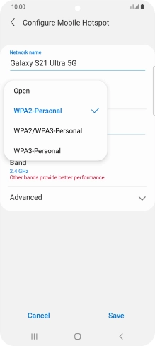 Press WPA2-Personal to password protect your WiFi hotspot.