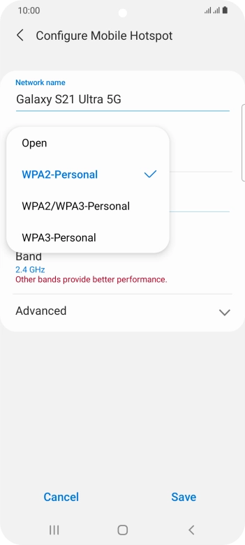 Press WPA2-Personal to password protect your WiFi hotspot.