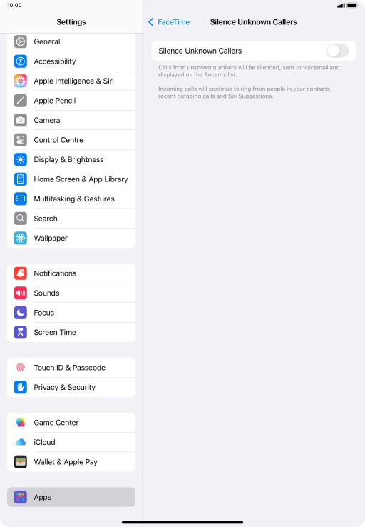 Press the indicator next to 'Silence Unknown Callers' to turn the function on or off.