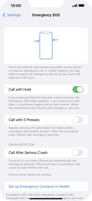 Press the indicator next to 'Call After Serious Crash' to turn on the function.