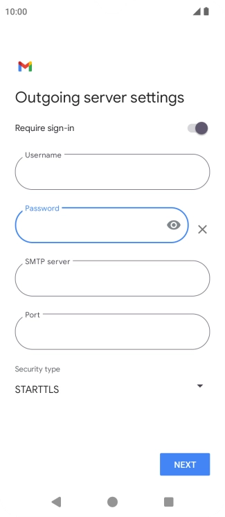 Press the field below 'SMTP server' and key in the name of your email provider's outgoing server. Press the field below 'SMTP server' and key in the name of your email provider's outgoing server.