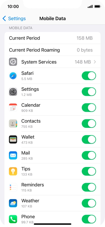 Press the indicators next to the required applications to turn the function on or off.