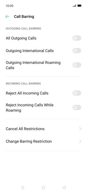 Press the indicator next to the required barring type to turn the function on or off.
