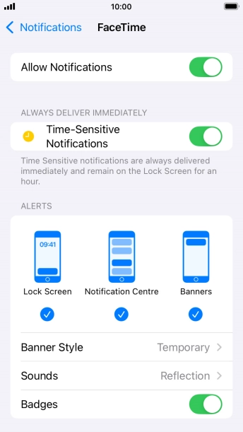 Press the indicator next to 'Allow Notifications' to turn notifications for the selected application on or off. Press the indicator next to 'Allow Notifications' to turn notifications for the selected application on or off.