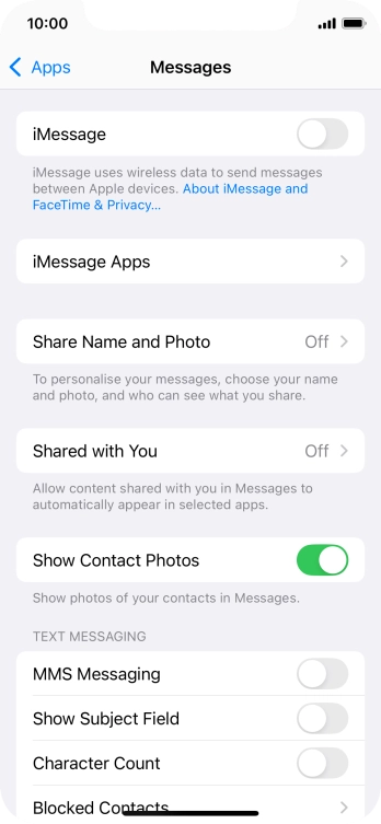 Press the indicator next to 'iMessage' to turn on the function.