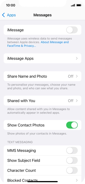 Press the indicator next to 'iMessage' to turn on the function.
