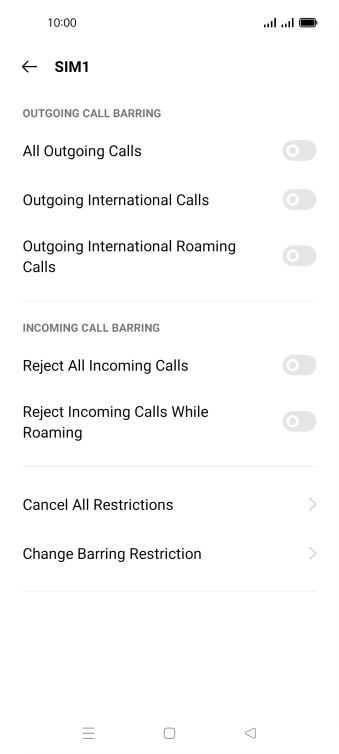 Press the indicator next to the required barring type to turn the function on or off.