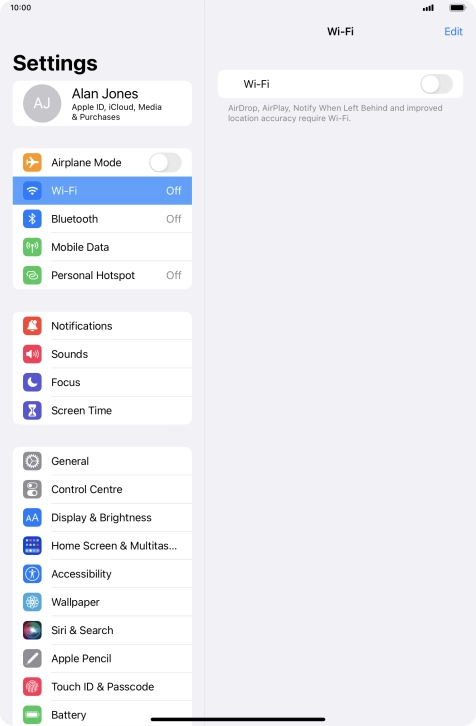 Press the indicator next to 'Wi-Fi' to turn on the function.