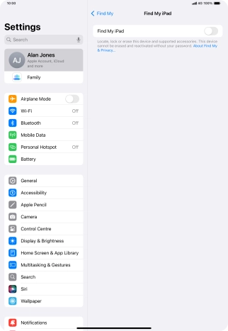 Press the indicator next to 'Find My iPad' to turn on the function.