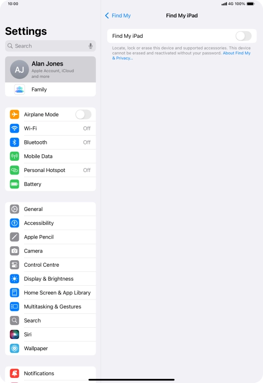 Press the indicator next to 'Find My iPad' to turn on the function.