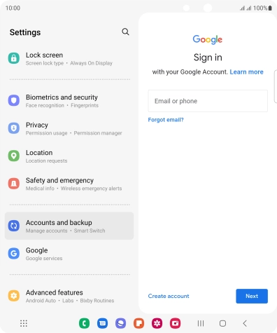 If you don't have a Google account, press Create account and follow the instructions on the screen to create an account.