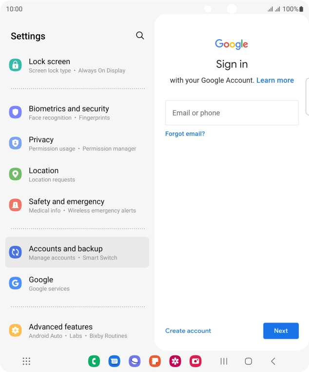 If you don't have a Google account, press Create account and follow the instructions on the screen to create an account.