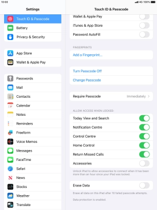 Press the indicator next to 'Erase Data' to turn the function on or off.