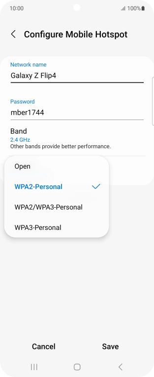 Press WPA3-Personal to password protect your WiFi hotspot.