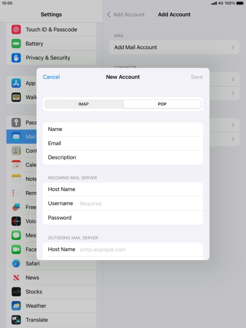 Press Username and key in the username for your email account.