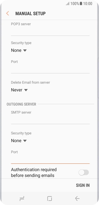 Press the indicator next to 'Authentication required before sending emails' to turn on the function. Press the indicator next to 'Authentication required before sending emails' to turn on the function.