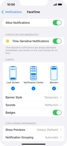 Press the indicator next to 'Allow Notifications' to turn notifications for the selected application on or off.