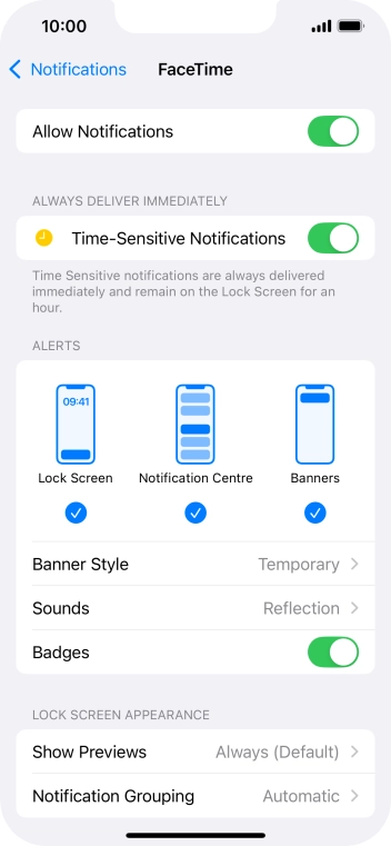 Press the indicator next to 'Allow Notifications' to turn notifications for the selected application on or off.