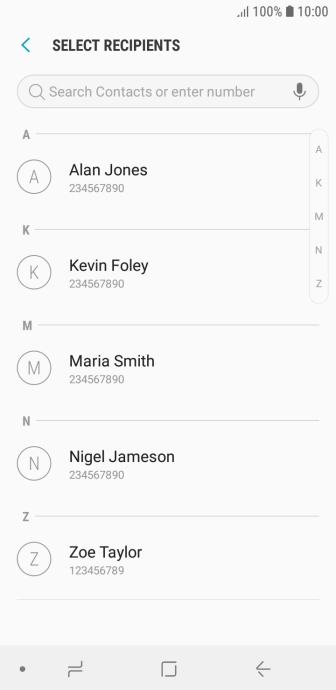Press the search field and key in the first letters of the recipient's name.