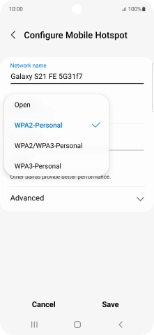 Press WPA3-Personal to password protect your WiFi hotspot.