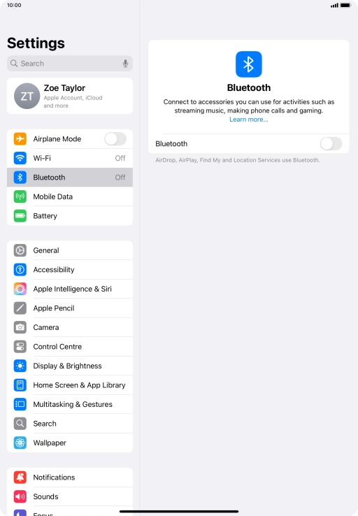 Press the indicator next to 'Bluetooth' to turn on the function.