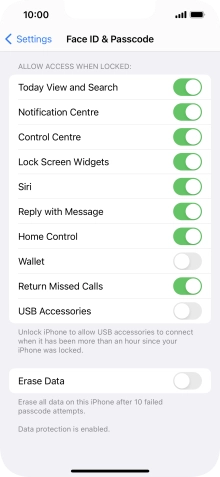 Press the indicator next to 'Erase Data' to turn the function on or off.