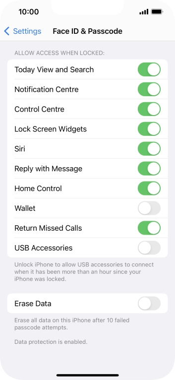 Press the indicator next to 'Erase Data' to turn the function on or off.