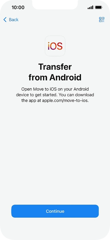 To transfer content to your phone, you need to install the app 'Move to iOS' on the Android phone. When the app is installed, press Continue.