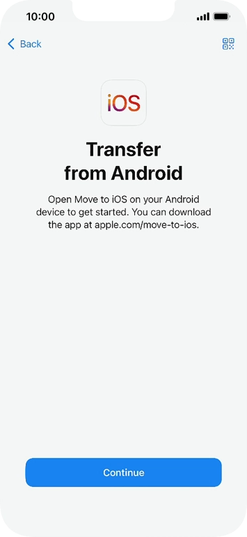 To transfer content to your phone, you need to install the app 'Move to iOS' on the Android phone. When the app is installed, press Continue.